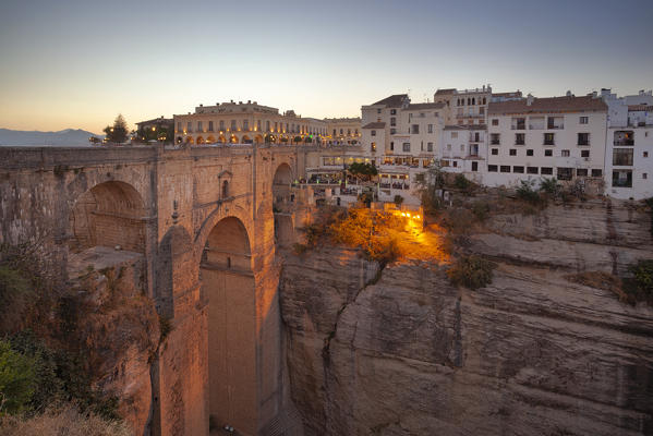 Puente Nuevo bridge at dusk, Ronda, province of Málaga, Andalusia, Spain
