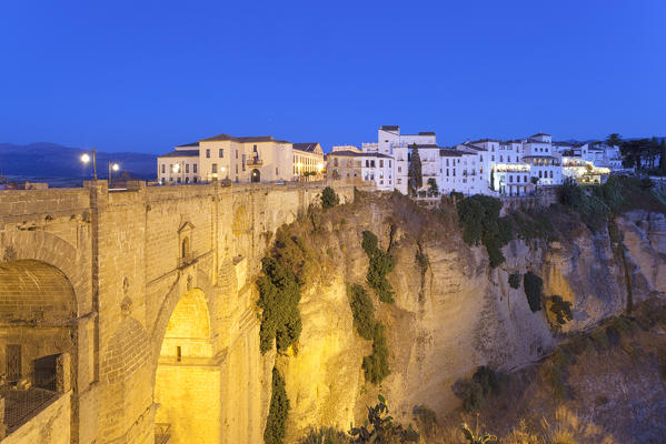 Puente Nuevo bridge at dusk, Ronda, province of Málaga, Andalusia, Spain