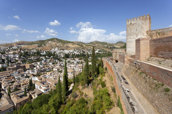 Albaicín neighborhood seen from a terrace of Alhambra, Granada, province of Granada, Andalusia, Spain