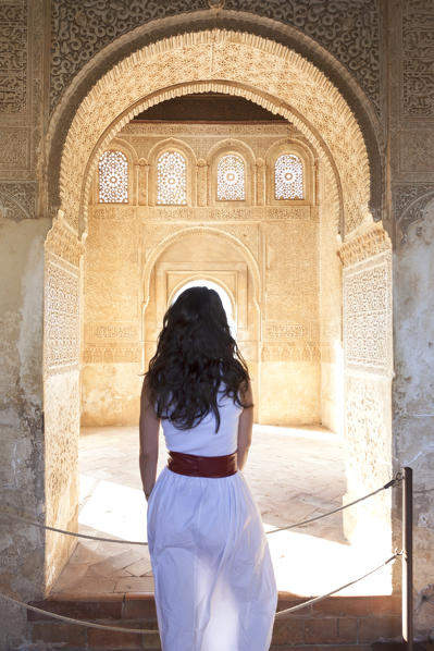 A woman in Generalife Palace, Granada, province of Granada, Andalusia, Spain