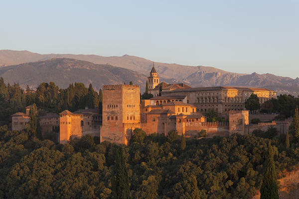 The Alhambra complex seen from Mirador de San Nicolas at sunset, Granada, province of Granada, Andalusia, Spain