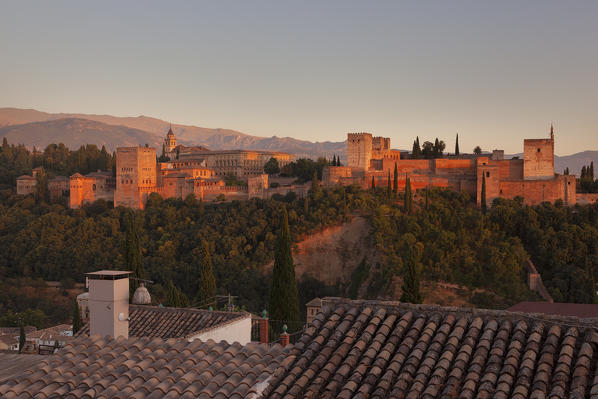 The Alhambra complex seen from Mirador de San Nicolas at sunset, Granada, province of Granada, Andalusia, Spain