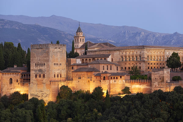 The Alhambra complex seen from Mirador de San Nicolas at dusk, Granada, province of Granada, Andalusia, Spain
