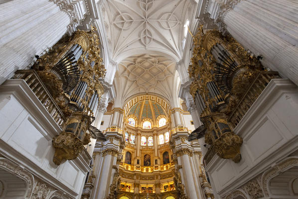 Interior of Granada Cathedral, with the Main Chapel and the pipe organs, Granada, province of Granada, Andalusia, Spain