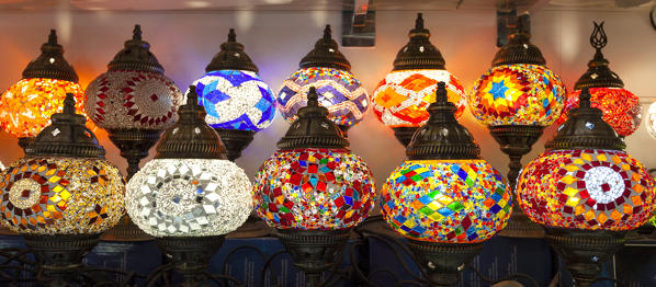 Traditional arabic lamps in a souvenir shop in Granada, province of Granada, Andalusia, Spain