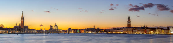Panoramic view of Venice from Riva San Biasio at dusk, Venice, Veneto, Italy