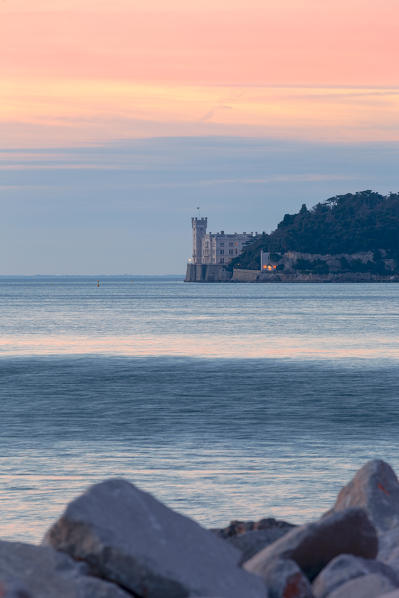 Miramare Castle at dusk from Porticciolo del Cedas, Trieste, Friuli-Venezia Giulia, Italy.