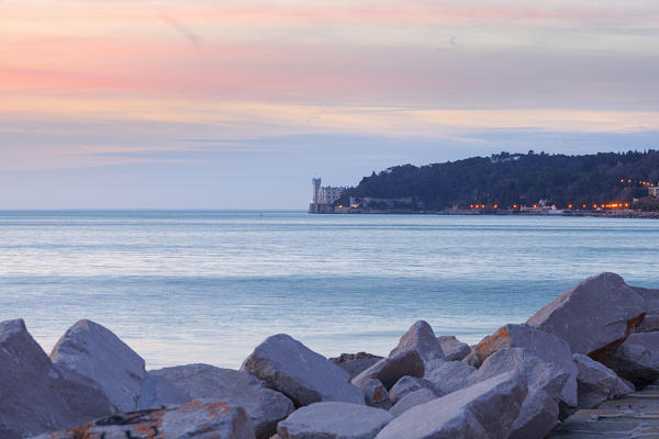 Miramare Castle at dusk from Porticciolo del Cedas, Trieste, Friuli-Venezia Giulia, Italy.