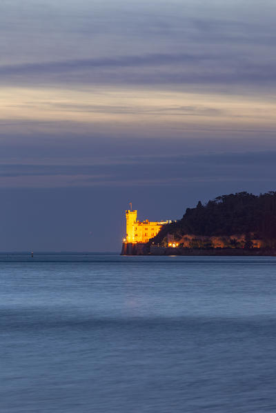 Miramare Castle in the evening from Porticciolo del Cedas, Trieste, Friuli-Venezia Giulia, Italy.