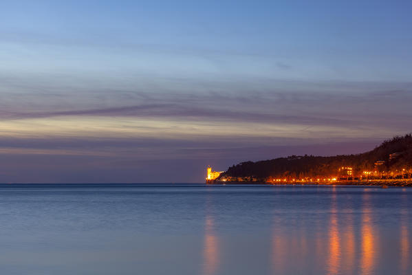 Miramare Castle in the evening from Porticciolo del Cedas, Trieste, Friuli-Venezia Giulia, Italy.