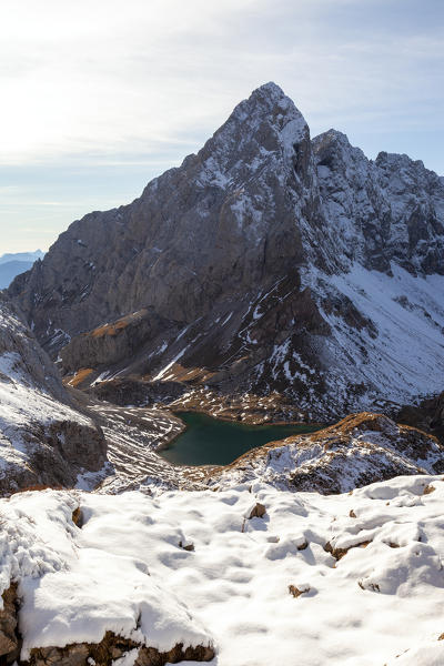 Capolago Mount seen from the slopes of Rauchkofel after a autumn snowfall, Carnic Alps, Lesachtal, Carinthia, Austria.