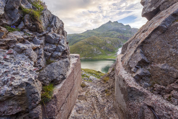 Rauchkofel Mount with Volaia Lake seen from a trench of WWI on Italian-Austrian border, Carnic Alps, Forni Avoltri, Udine province, Friuli Venezia Giulia, Italy.