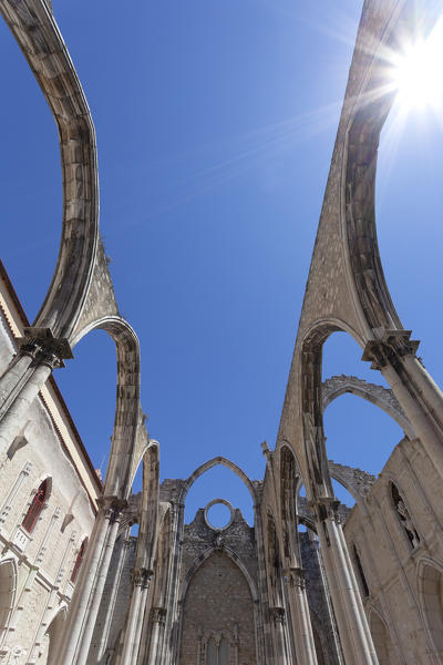 Interior of Igreja do Carmo (Carmo Convent), Chiado Neighborhood, Lisbon, Lisbon Metropolitan Area, Portugal. The roof of the curch collapsed after 1755 heartquake.