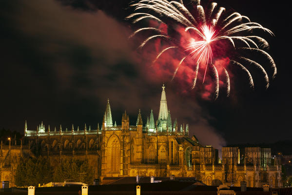 Fireworks on Batalha Monastery (Mosteiro da Batalha), Batalha municipality, Leiria district, Estremadura province, Portugal.