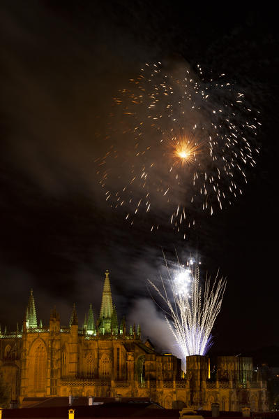 Fireworks on Batalha Monastery (Mosteiro da Batalha), Batalha municipality, Leiria district, Estremadura province, Portugal.