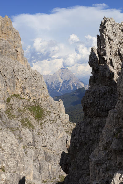 A fork in the rocks frames Antelao, along via ferrata 