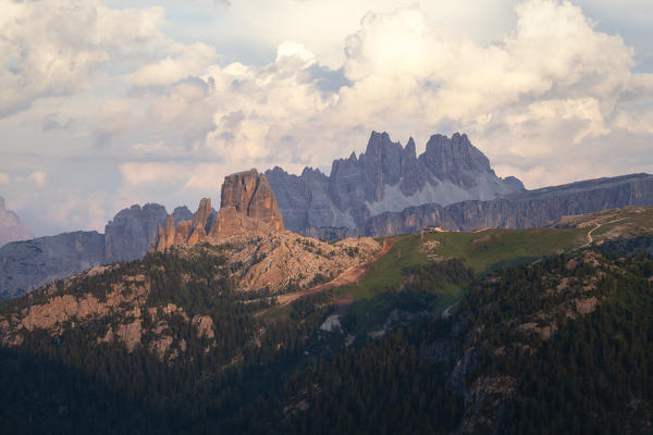 Sunset on Cinque Torri and Croda da Lago, Dolomites, Cortina d'Ampezzo, Belluno province, Veneto, Italy.