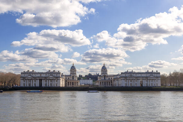 The Old Royal Naval College, the Queen's House and the Royal Observatory on the background, seen from Isle of Dogs. Greenwich, London, Great Britain, UK