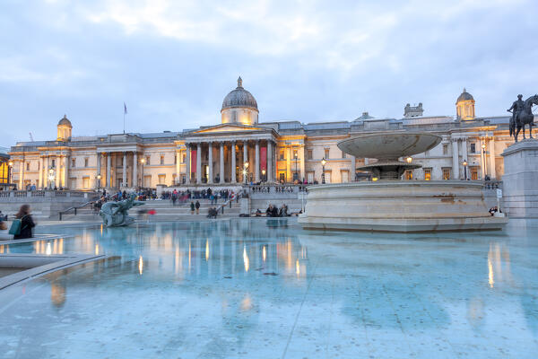 The National Gallery at dusk, Trafalgar Square, London, Great Britain, UK