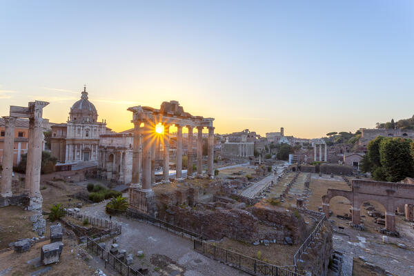 The Roman Forum at sunsrise, with Temple of Saturn in center, Rome, Lazio, Italy.
