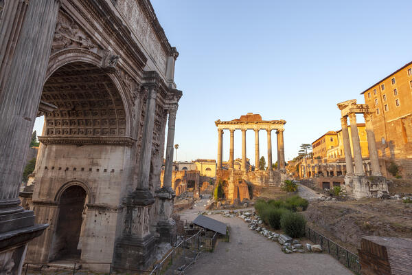 Arch of Septimius Severus, Temple of Saturn and Temple of Vespasian and Titus, Roman Forum, Rome, Lazio, Italy.