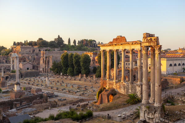 The Roman Forum at dawn, north east view from via di S. Pietro in Carcere, Rome, Lazio, Italy.