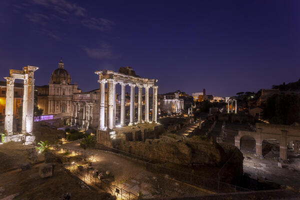 Night view of Roman Forum, with Temple of Saturn in center, Rome, Lazio, Italy.