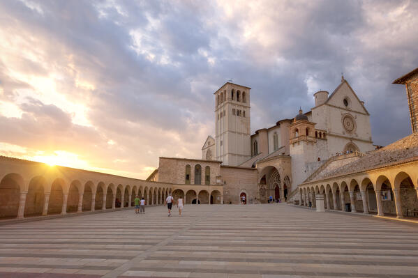 The Basilica of Saint Francis of Assisi at sunset, Assisi, Perugia province, Umbria, Italy.