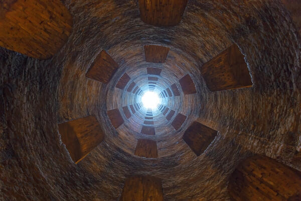 The St. Patrick's Well (Pozzo di San Patrizio) seen from below, Orvieto, Terni province, Umbria region, Italy.