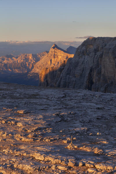 Sunset on Sella Platueau toward Badia Valley, with Sass da les Diesc on the background, Sella Group, Dolomites, Trentino - Alto Adige, Italy.