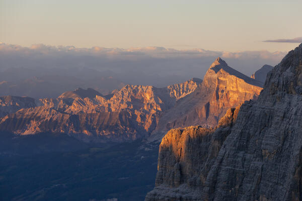 Sunset on  Sass da les Diesc from Sella Plateau, Sella Group, Dolomites, Trentino - Alto Adige, Italy.