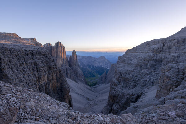 Dawn on Val de Mesdì, Sella group, Dolomites, Alta Badia, South Tyrol, Italy.
