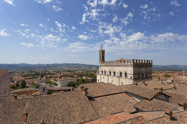 Roof panorama of Gubbio, with Palazzo dei Consoli on the right, Perugia province, Umbria region, Italy.
