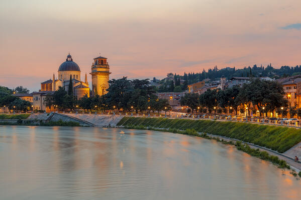 River Adige and San Giorgio in Braida at sunset, Verona, Veneto, Italy.