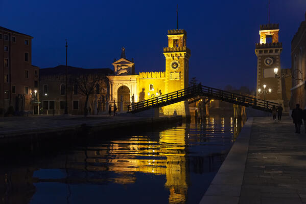 The main gate at the Venetian Arsenal in the evening, Venice, Veneto, Italy.