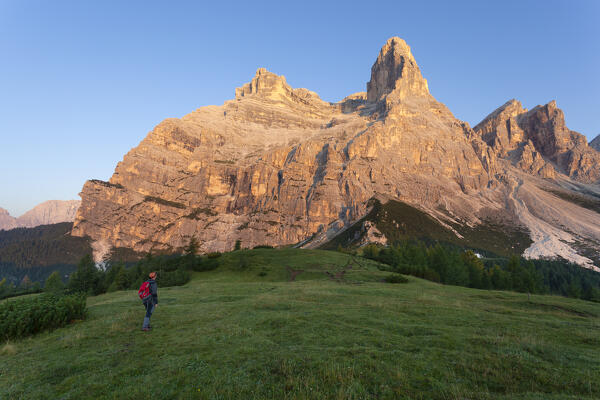 A hiker admires the enrosadira on Pelmo Mount at dawn from the pastures near Passo di Rutorto, Dolomites, Vodo di Cadore,  Belluno province, Veneto, Italy.