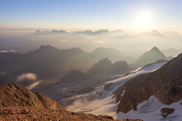 The view from Punta Penia at dawn, Marmolada group, Dolomites, Canazei, Trento province, Trentino-Alto Adige, Italy