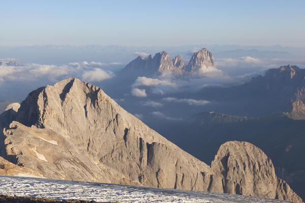 Gran Vernel and Sassolungo from Punta Penia, Marmolada group, Dolomites, Canazei, Trento province, Trentino-Alto Adige, Italy