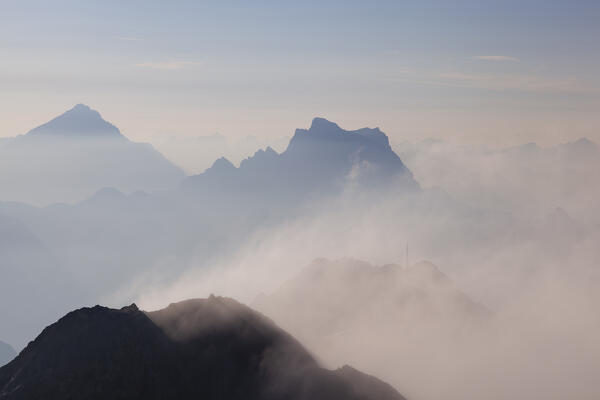 Atelao and Pelmo from Punta Penia at dawn, Marmolada group, Dolomites, Canazei, Trento province, Trentino-Alto Adige, Italy