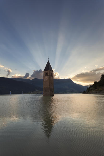 Resia Lake, Curon Venosta, Venosta Valley, South Tyrol, Italy.