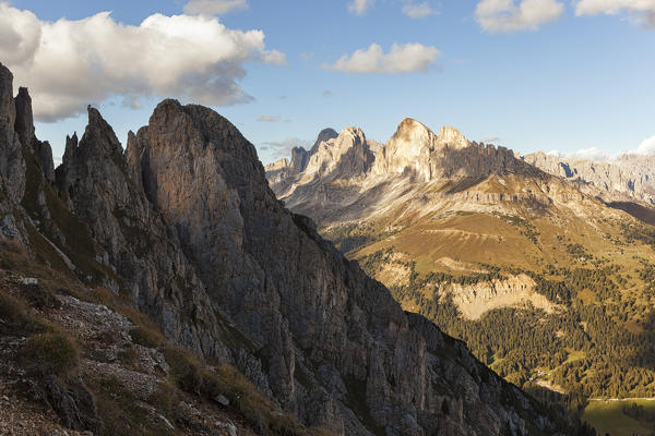 Rosengarten Group from Latemar Group, Dolomites, Vigo di Fassa, Trento Province, Trentino, Italy.