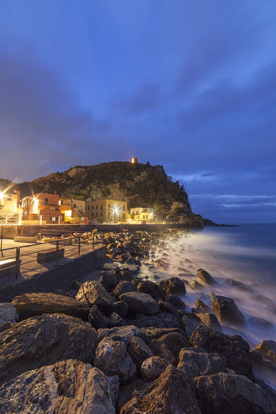 Dusk on Punta Crena with Saracena Tower, Finale Ligure, Savona province, Liguria, Italy