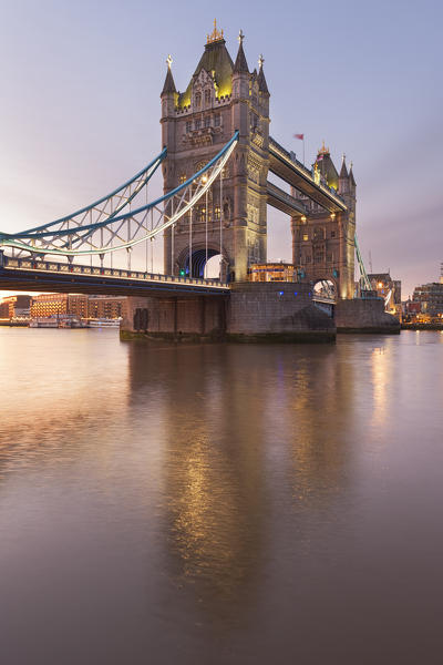 Tower Bridge at dawn reflected in river Thames, London, Great Britain, UK