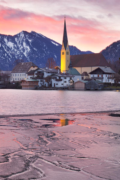 Winter sunrise in Rottach-Egern at Tegernsee Lake, District Miesbach, Upper Bavaria, Germany, Europe