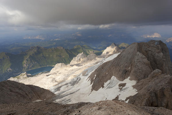 Marmolada Glacier from Punta Penia, Marmolada group, Dolomites, Canazei, Trento province, Trentino-Alto Adige, Italy