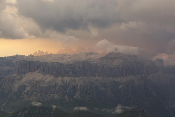 Sella group from Punta Penia at sunset, Marmolada group, Dolomites, Canazei, Trento province, Trentino-Alto Adige, Italy