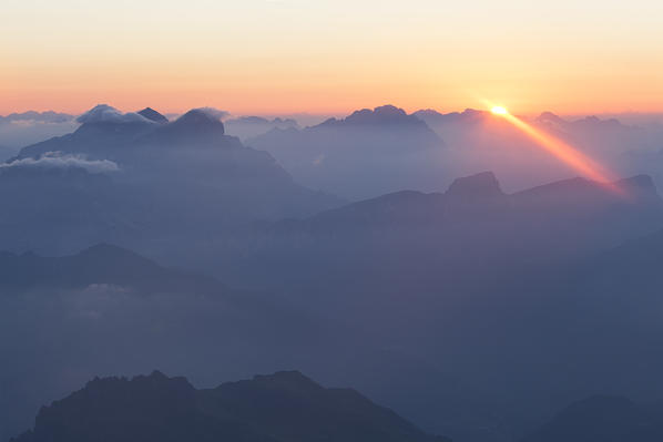 The sunrise from Punta Penia, Marmolada group, Dolomites, Canazei, Trento province, Trentino-Alto Adige, Italy