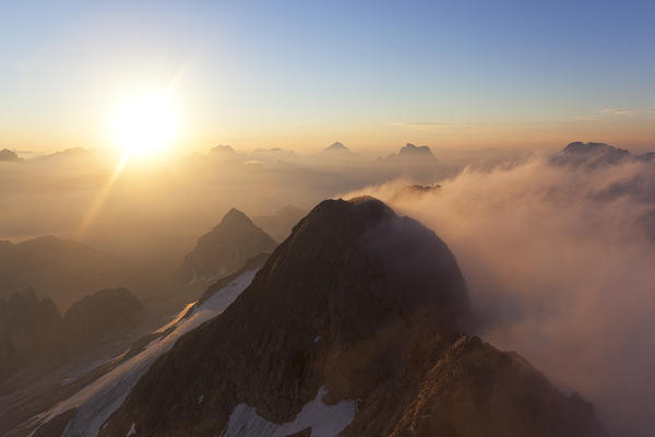The sunrise from Punta Penia, Marmolada group, Dolomites, Canazei, Trento province, Trentino-Alto Adige, Italy
