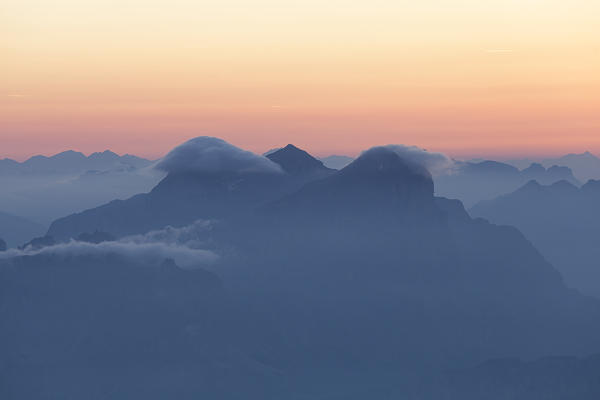 Tofane group at sunrise from Punta Penia, Marmolada group, Dolomites, Canazei, Trento province, Trentino-Alto Adige, Italy