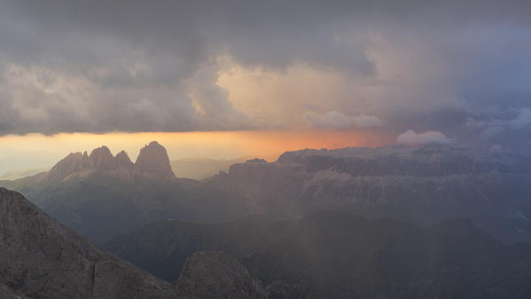 The view from Punta Penia at sunset, Marmolada group, Dolomites, Canazei, Trento province, Trentino-Alto Adige, Italy